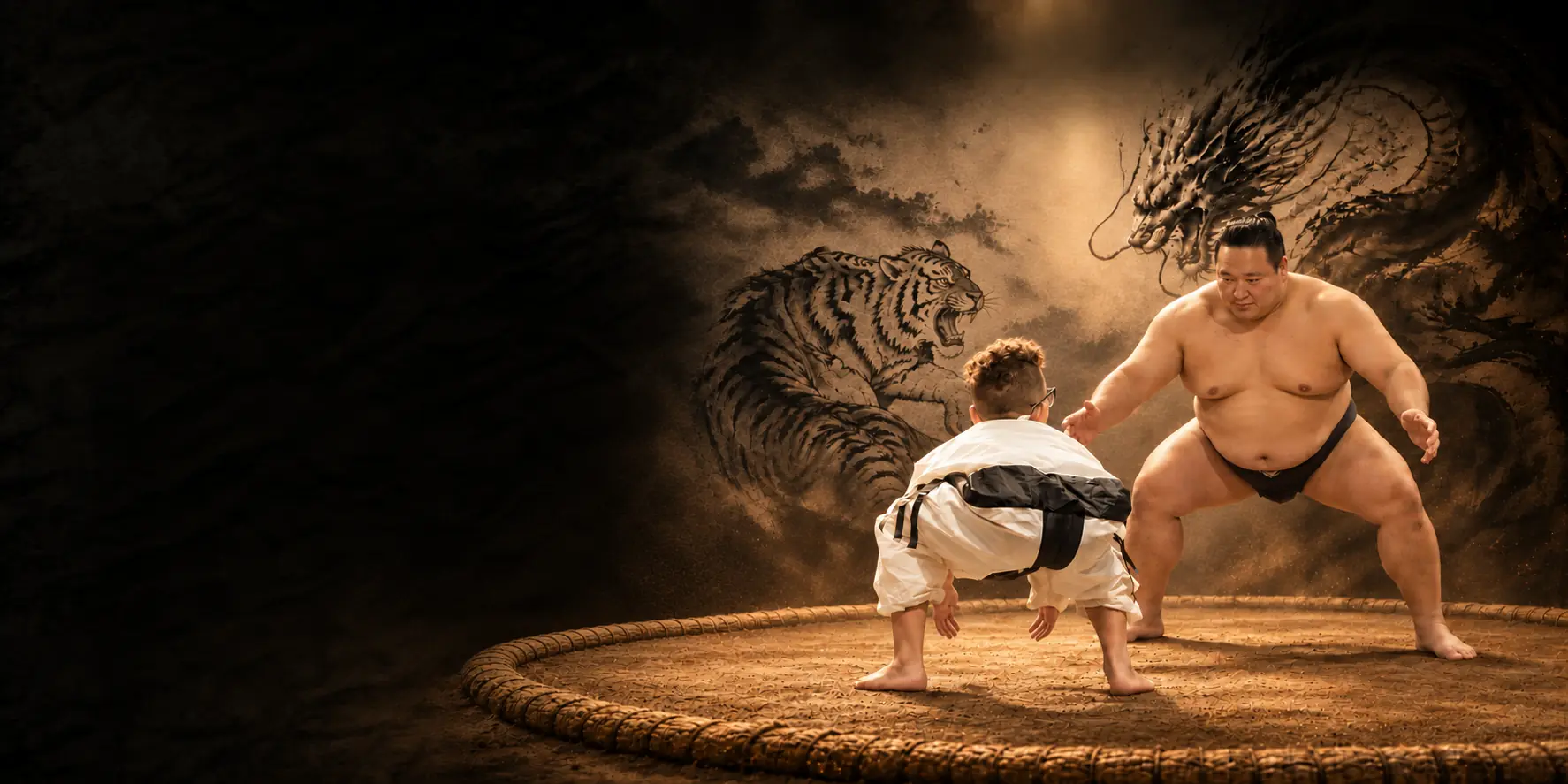 A young challenger facing a sumo wrestler on the dohyo, with a dragon and tiger ink mural behind them
