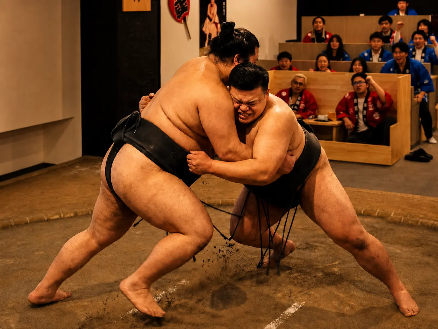 Two sumo wrestlers colliding in a powerful live bout before cheering guests